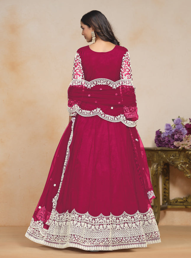 Raspberry Pink Net Embroidered Anarkali Festival Dress