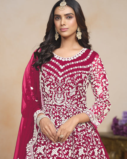 Raspberry Pink Net Embroidered Anarkali Festival Dress