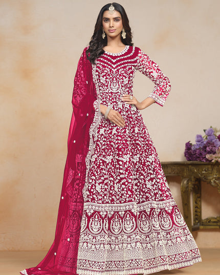 Raspberry Pink Net Embroidered Anarkali Festival Dress