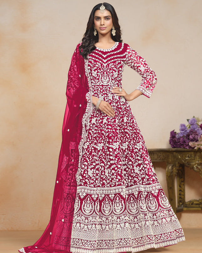 Raspberry Pink Net Embroidered Anarkali Festival Dress