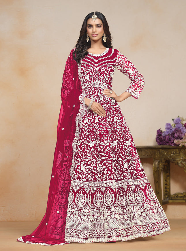 Raspberry Pink Net Embroidered Anarkali Festival Dress