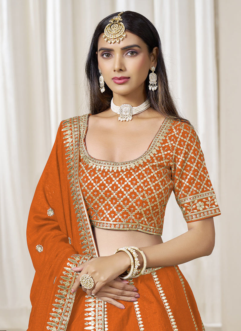 Astonishing Orange Art Silk Lehenga Choli Set for Wedding