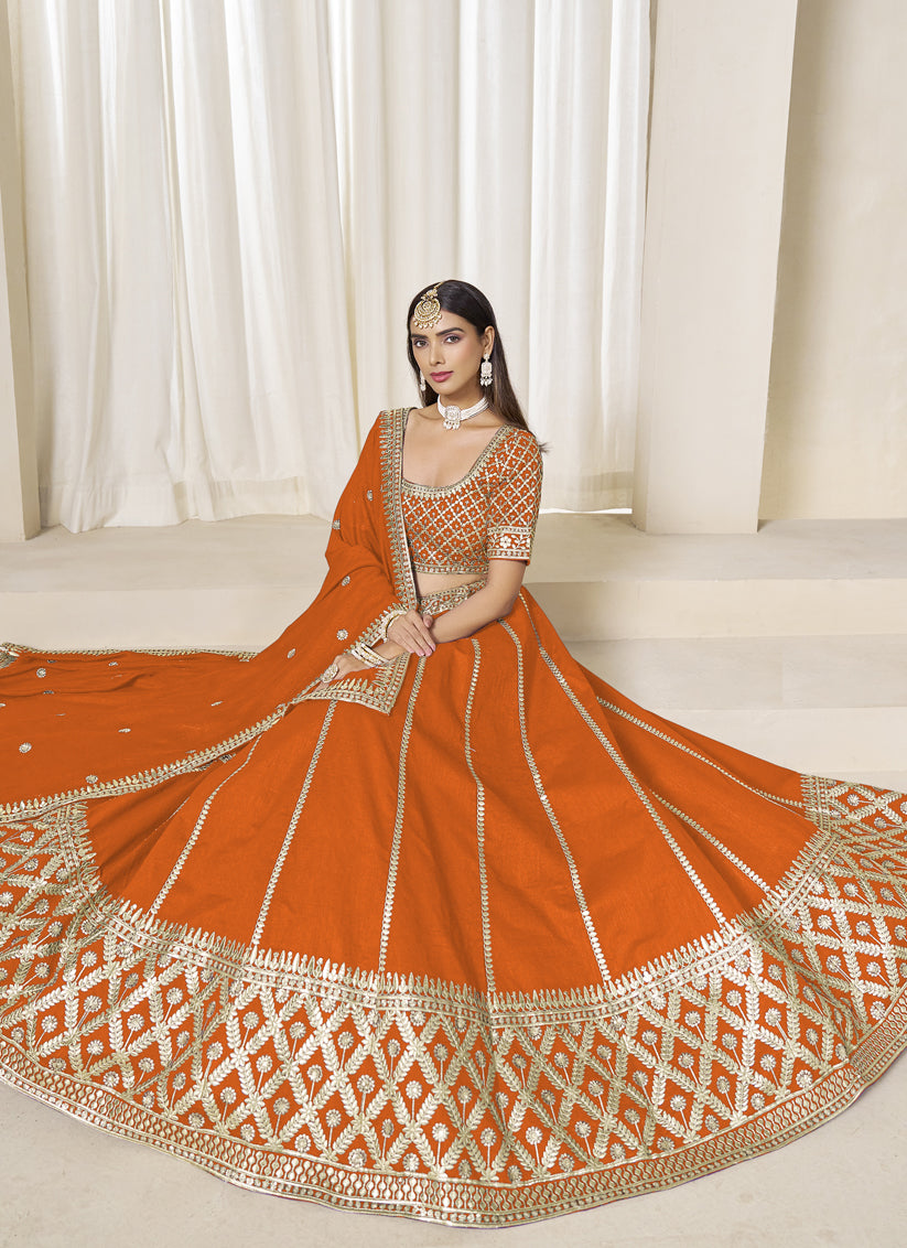 Astonishing Orange Art Silk Lehenga Choli Set for Wedding