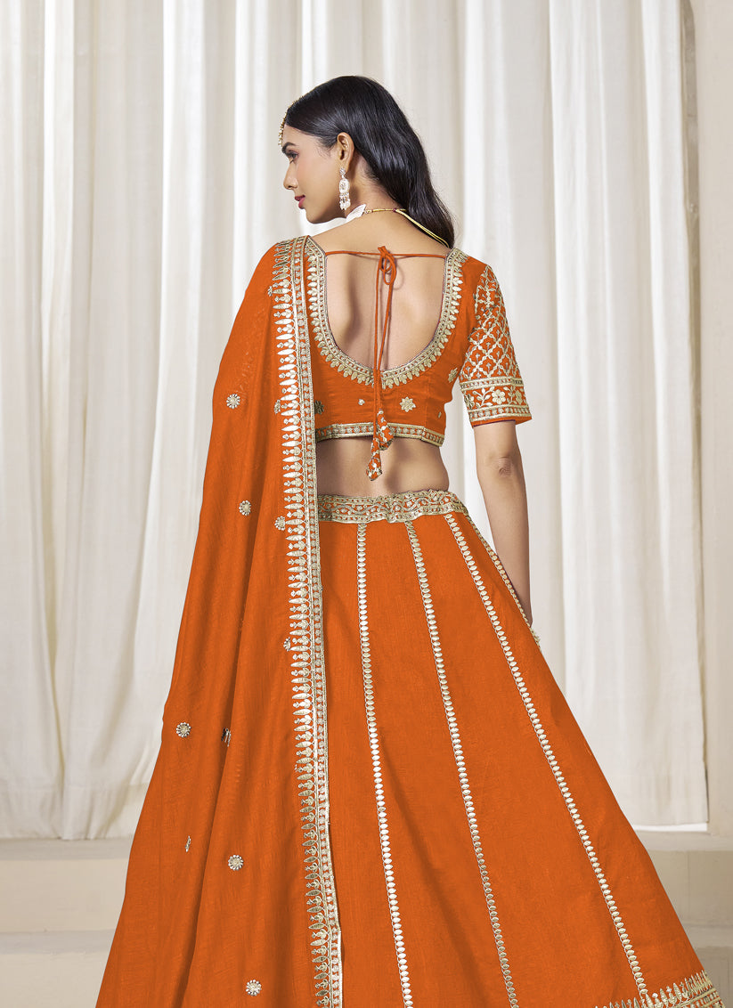 Astonishing Orange Art Silk Lehenga Choli Set for Wedding