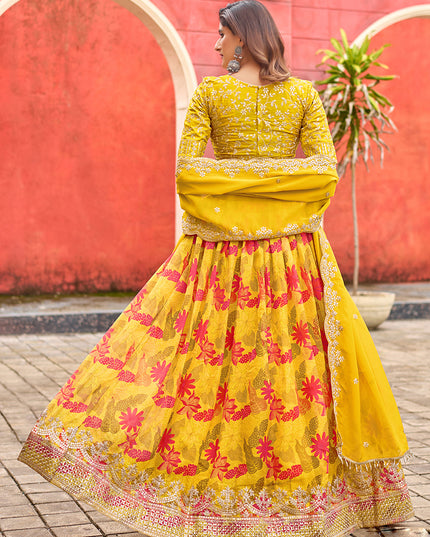 Beautiful Maize Yellow Tabby Silk Embroidered Lehenga Choli set