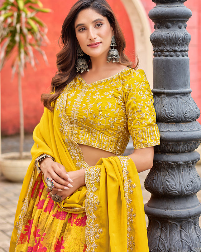 Beautiful Maize Yellow Tabby Silk Embroidered Lehenga Choli set