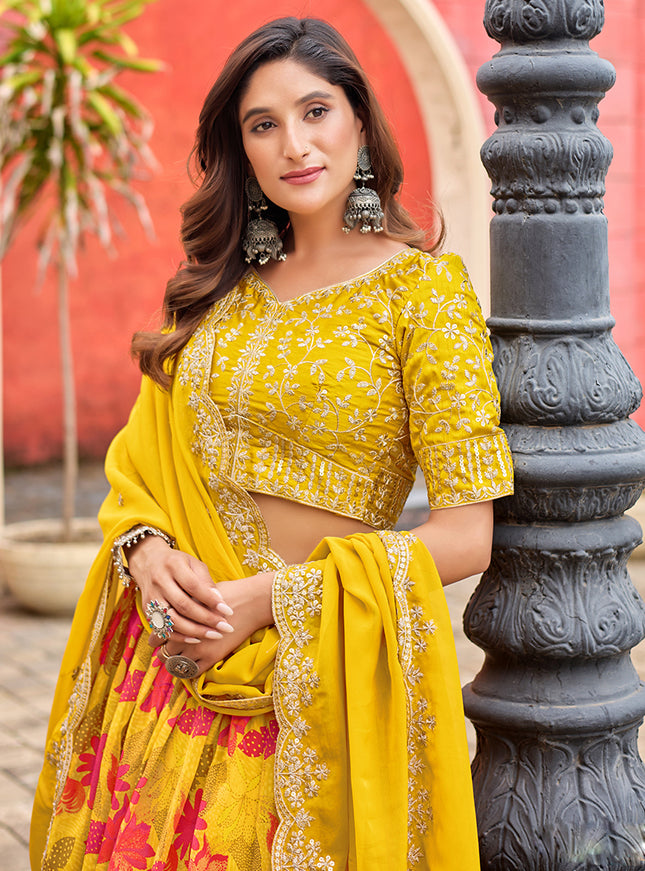 Beautiful Maize Yellow Tabby Silk Embroidered Lehenga Choli set