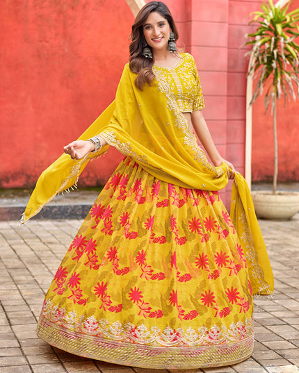 Beautiful Maize Yellow Tabby Silk Embroidered Lehenga Choli set