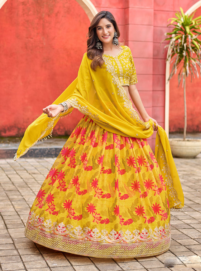 Beautiful Maize Yellow Tabby Silk Embroidered Lehenga Choli set