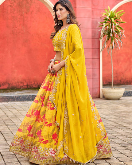 Beautiful Maize Yellow Tabby Silk Embroidered Lehenga Choli set
