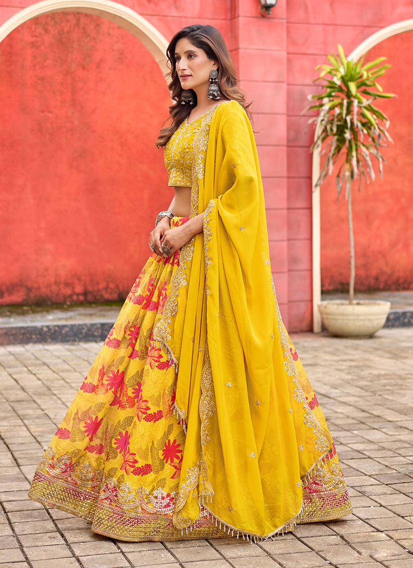 Beautiful Maize Yellow Tabby Silk Embroidered Lehenga Choli set