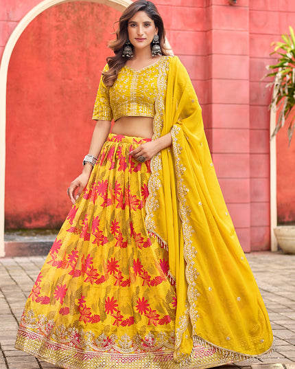 Beautiful Maize Yellow Tabby Silk Embroidered Lehenga Choli set