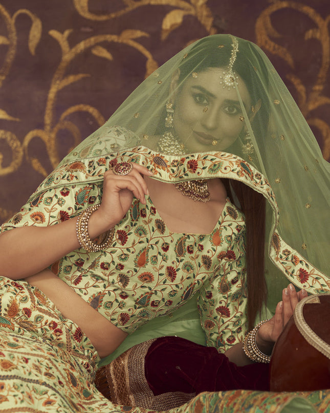Bewitching Pastel Green Art Silk Embroidered Wedding Lehenga Choli
