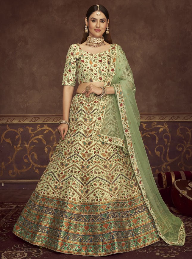 Bewitching Pastel Green Art Silk Embroidered Wedding Lehenga Choli