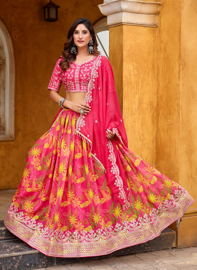 Charming Rani Pink Tabby Silk Embroidered Lehenga Choli set