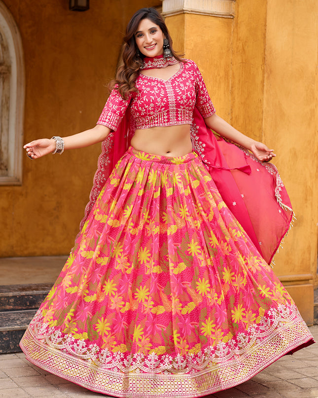 Charming Rani Pink Tabby Silk Embroidered Lehenga Choli set