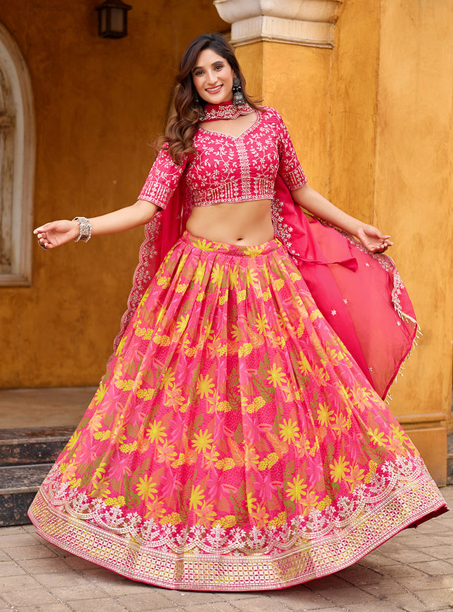 Charming Rani Pink Tabby Silk Embroidered Lehenga Choli set
