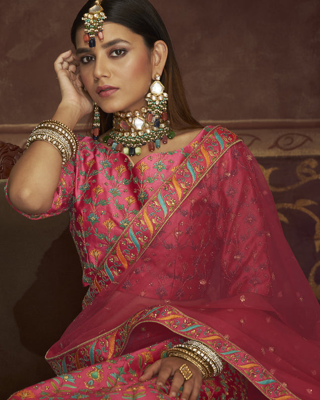 Mesmerizing Pink Art Silk Embroidered Wedding Lehenga Choli