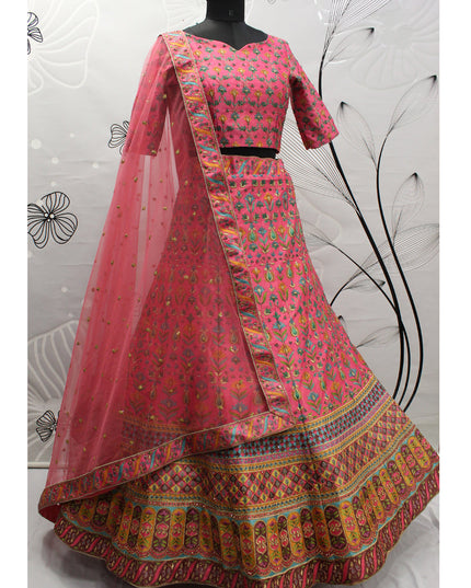 Mesmerizing Pink Art Silk Embroidered Wedding Lehenga Choli