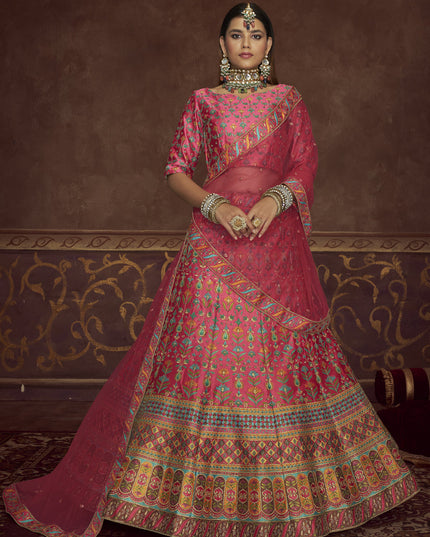 Mesmerizing Pink Art Silk Embroidered Wedding Lehenga Choli