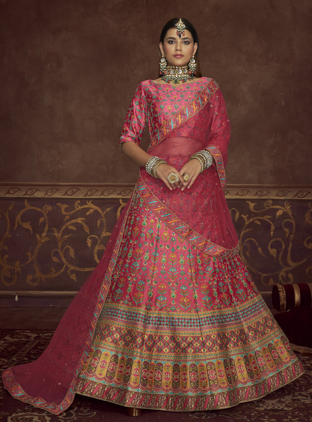 Mesmerizing Pink Art Silk Embroidered Wedding Lehenga Choli