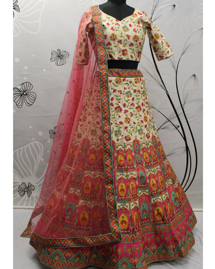 Adorable Cream Art Silk Embroidered Wedding Lehenga Choli