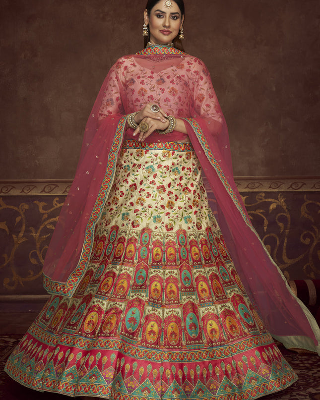 Adorable Cream Art Silk Embroidered Wedding Lehenga Choli