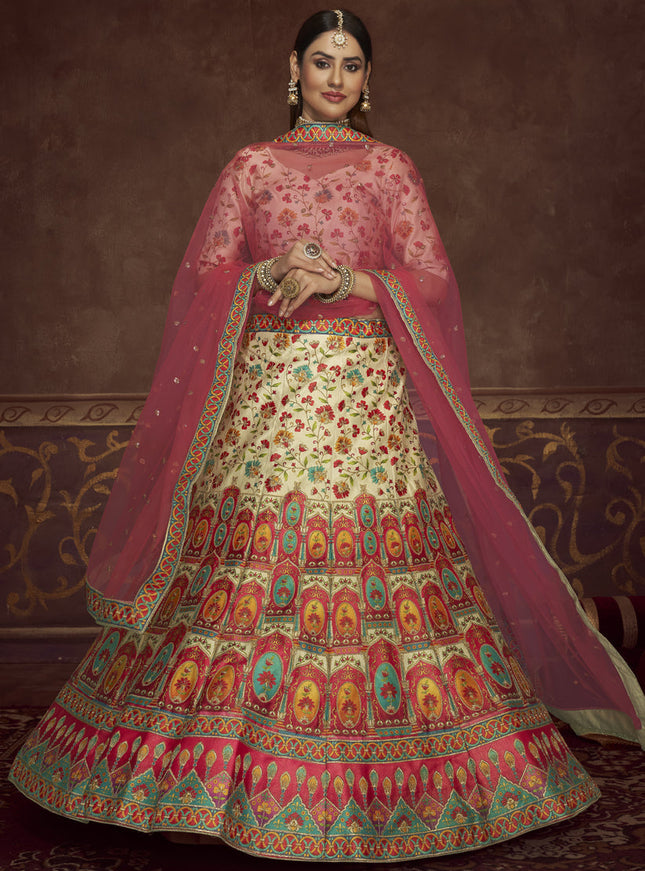 Adorable Cream Art Silk Embroidered Wedding Lehenga Choli