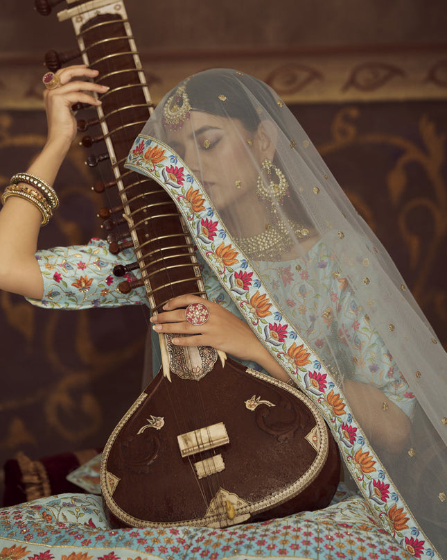 Amazing Breeze Blue Art Silk Embroidered Wedding Lehenga Choli