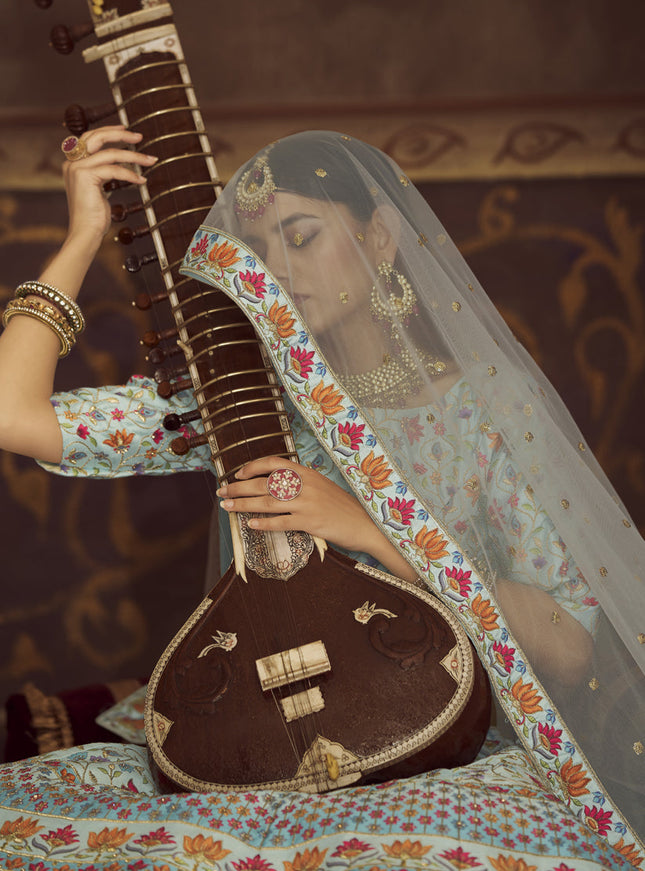 Amazing Breeze Blue Art Silk Embroidered Wedding Lehenga Choli