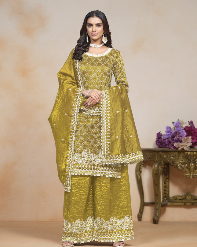 mustard yellow embroidered gold crush palazzo kameez suit