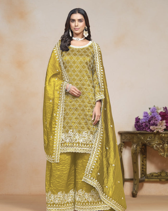 mustard yellow embroidered gold crush palazzo kameez suit