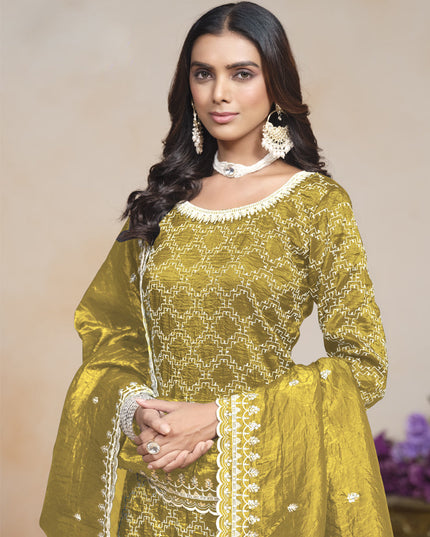 mustard yellow embroidered gold crush palazzo kameez suit