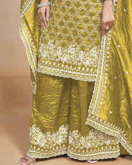 mustard yellow embroidered gold crush palazzo kameez suit