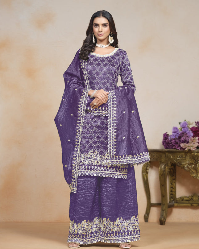 purple embroidered gold crush palazzo kameez suit