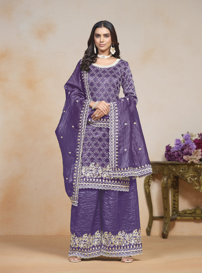 purple embroidered gold crush palazzo kameez suit