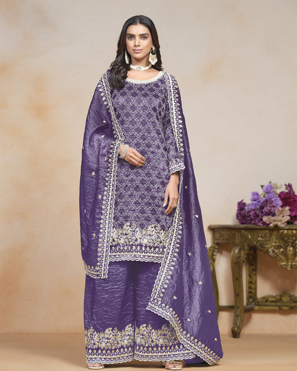purple embroidered gold crush palazzo kameez suit