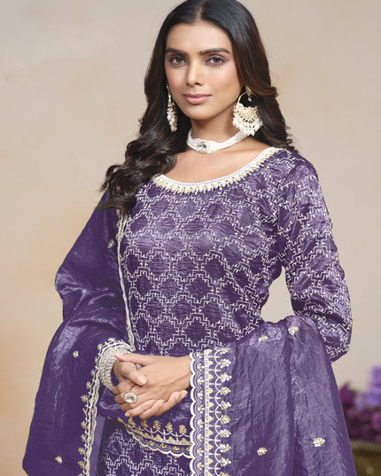 purple embroidered gold crush palazzo kameez suit