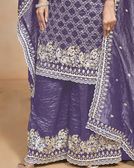 purple embroidered gold crush palazzo kameez suit