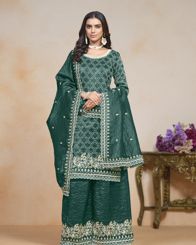 rama green embroidered gold crush palazzo kameez suit