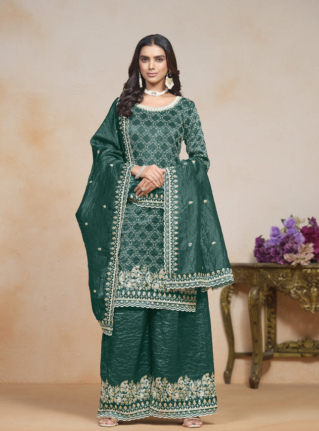 rama green embroidered gold crush palazzo kameez suit