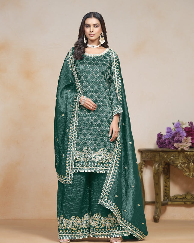 rama green embroidered gold crush palazzo kameez suit
