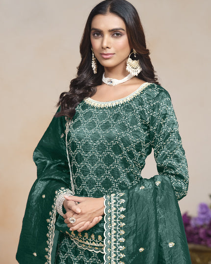 rama green embroidered gold crush palazzo kameez suit