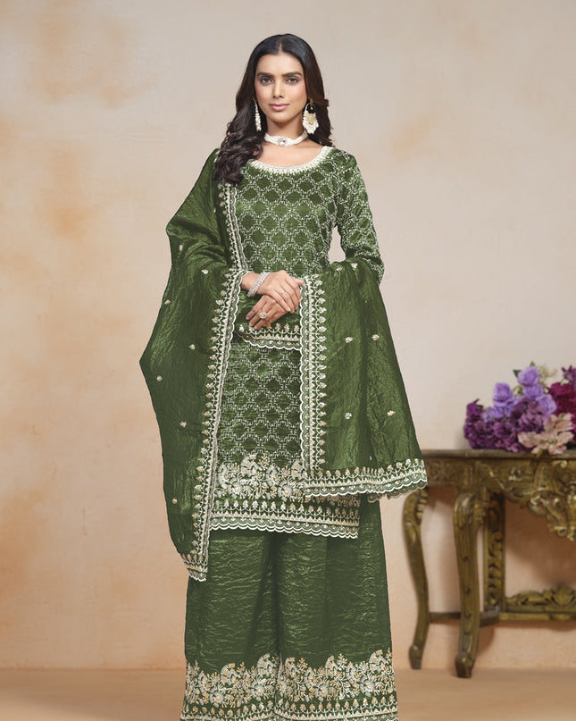 olive green embroidered gold crush palazzo kameez suit