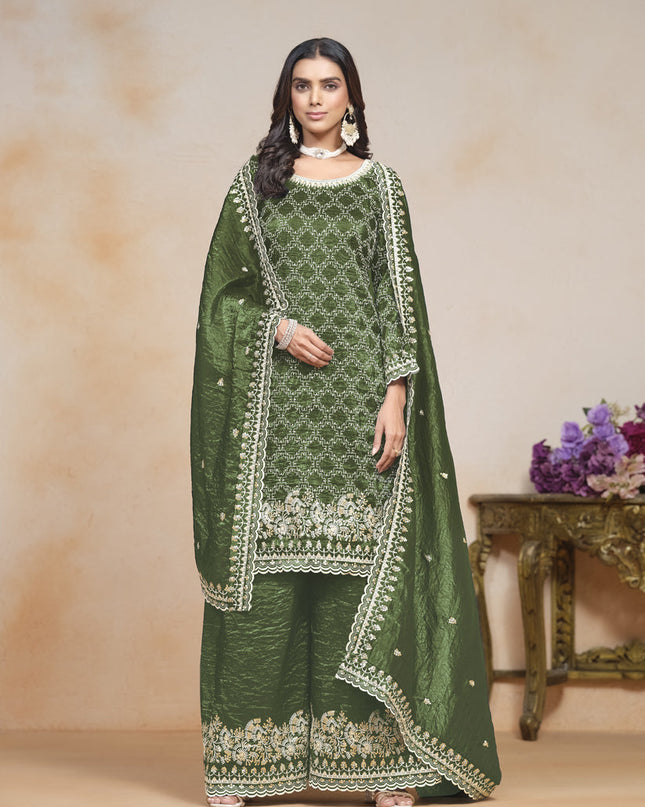 olive green embroidered gold crush palazzo kameez suit