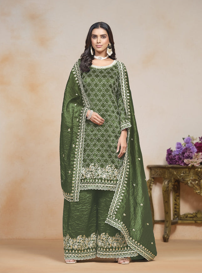 olive green embroidered gold crush palazzo kameez suit