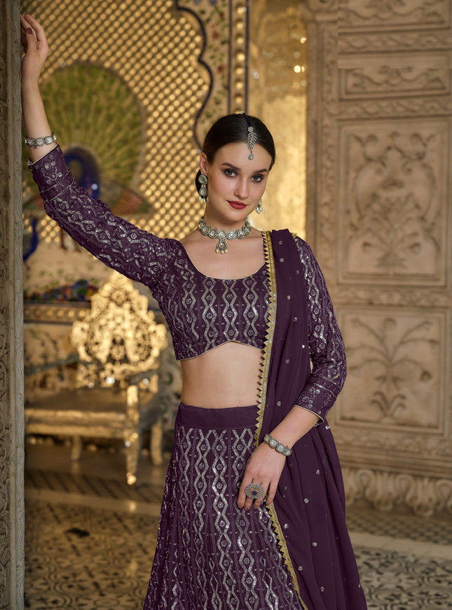 Attractive Burgundy Pure Georgette Sequins Embroidered Designer Lehenga Choli