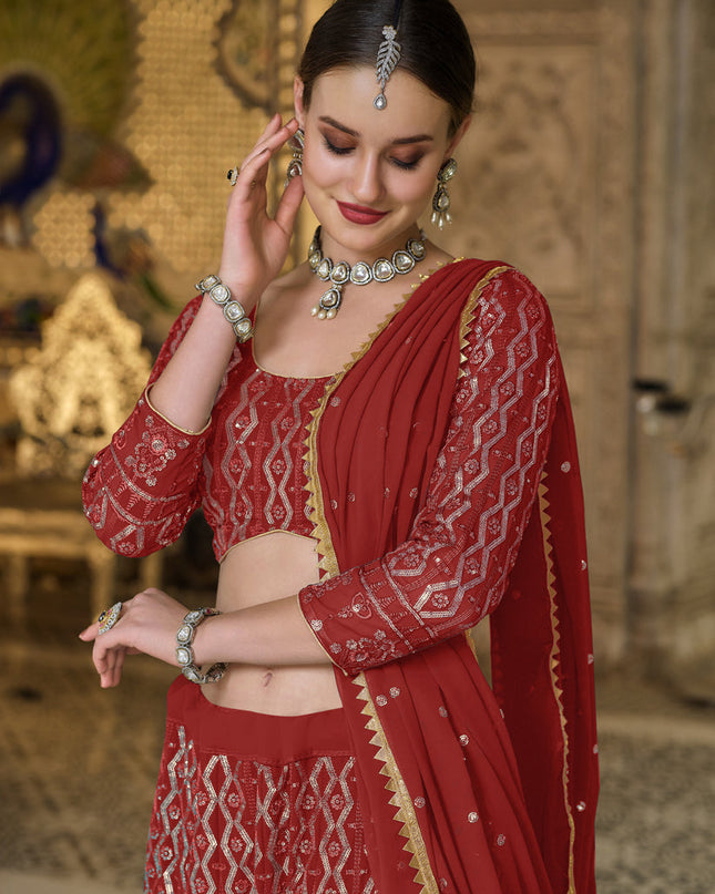 Beautiful Red Pure Georgette Sequins Embroidered Designer Lehenga Choli