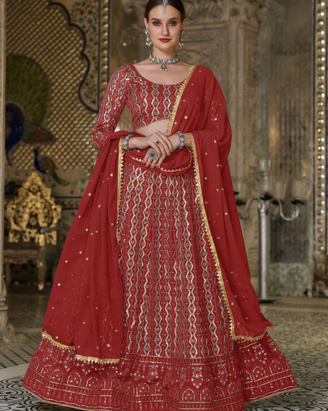 Beautiful Red Pure Georgette Sequins Embroidered Designer Lehenga Choli
