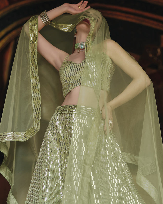 Amazing Sage Green Net Sequins Designer Lehenga Choli